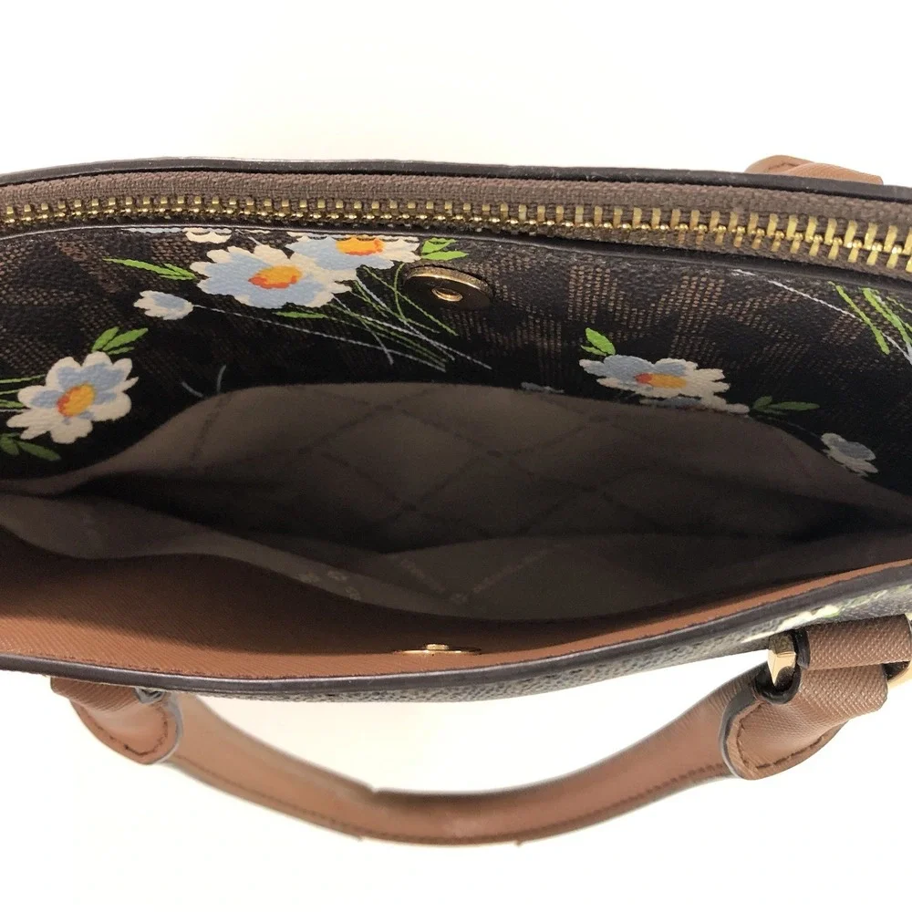 Michael Kors Cindy Dome Satchel‎ Brown White Blue Floral Handbag Purse MK Logo